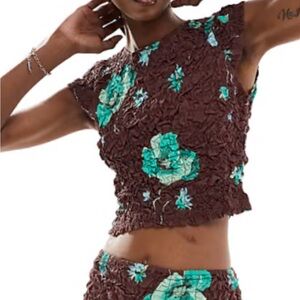Free People Brown and Green Floral Blouse Small/S